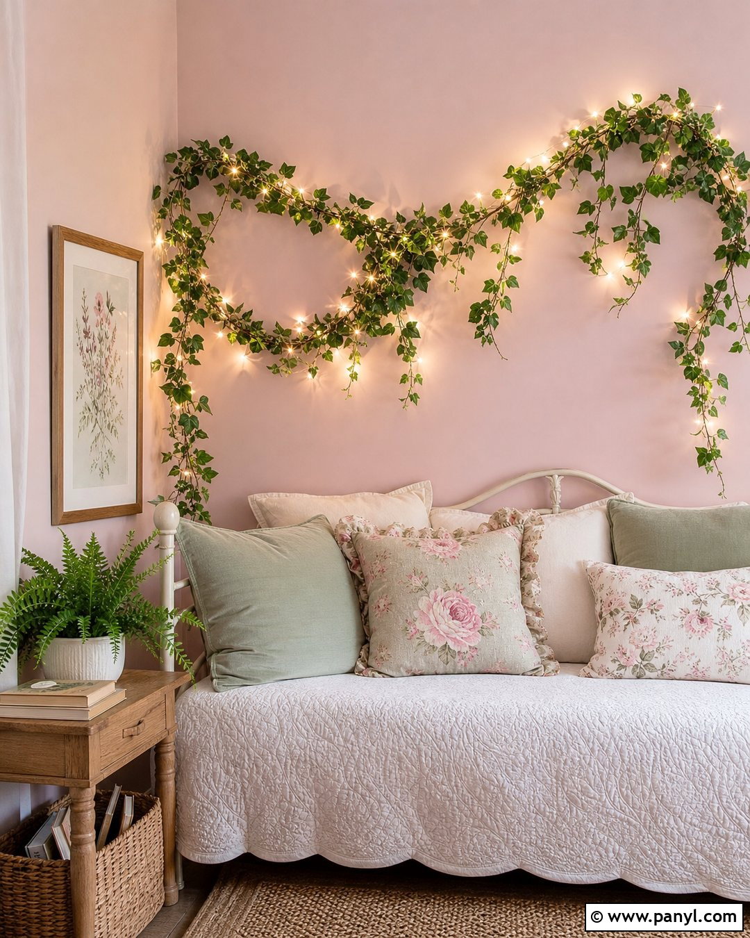 Green Vines On Pink Wall With Fairy Lights - 20 Green Vines On Pink Wall Ideas