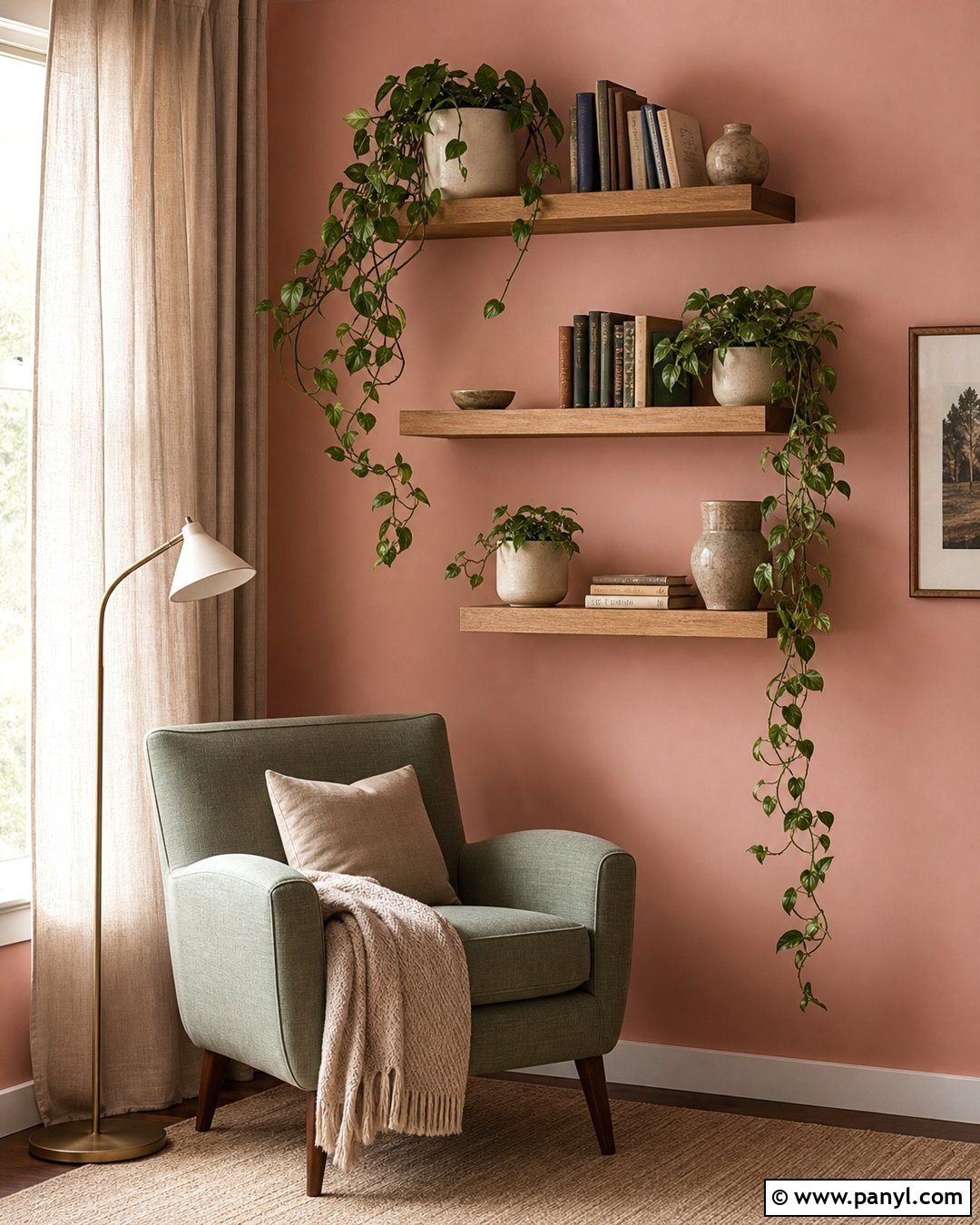 Green Vines On Pink Wall With Floating Shelves - 20 Green Vines On Pink Wall Ideas