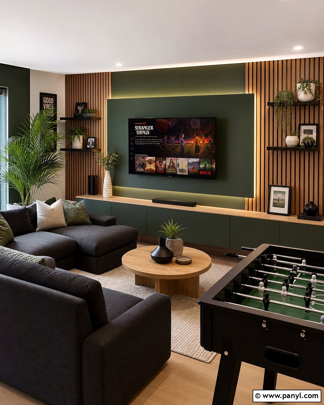 Green Wall With Wood Slats - 20 Green Wall Game Room Ideas