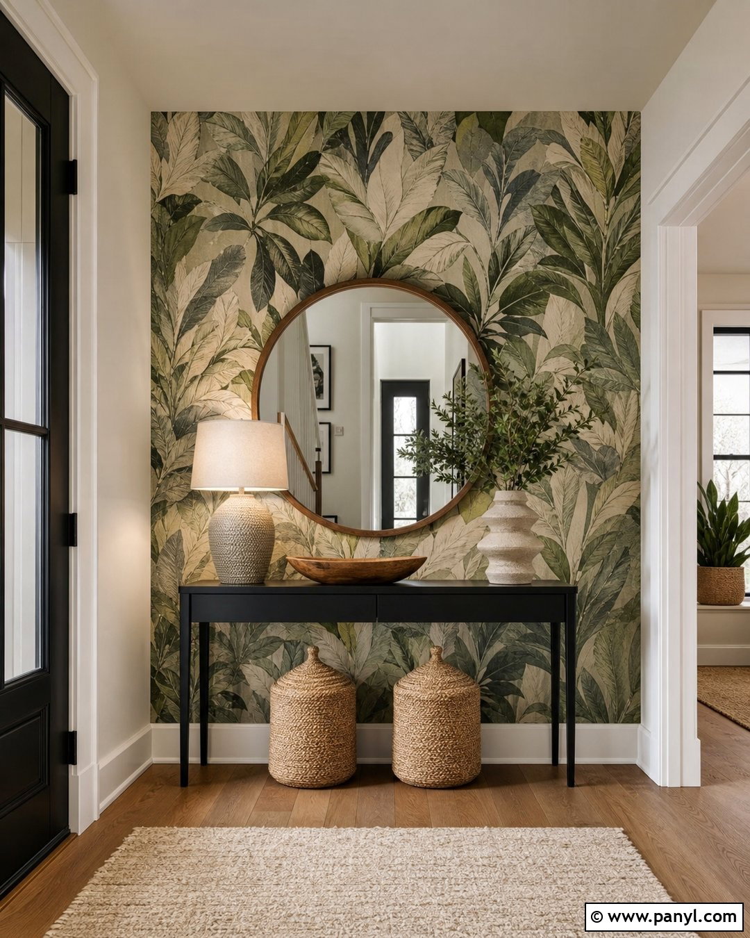 Green Wallpaper Accent Wall With Botanical Pattern - 20 Green Accent Wall Foyer Ideas