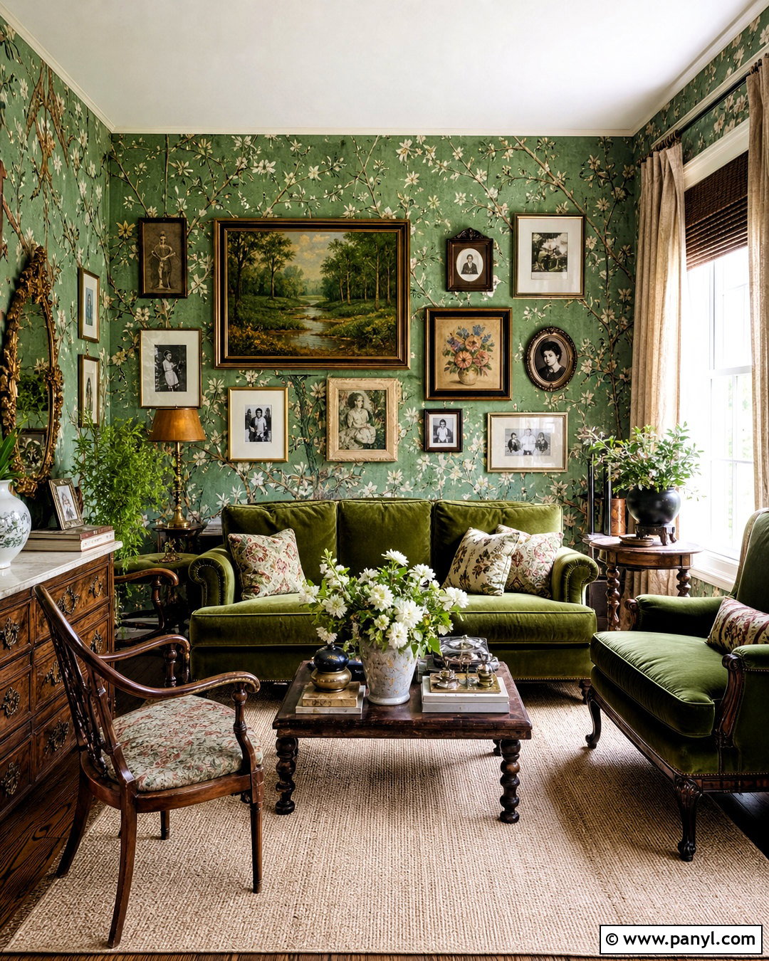 Green Wallpaper Wall With Vintage Art - 20 green wall decor ideas