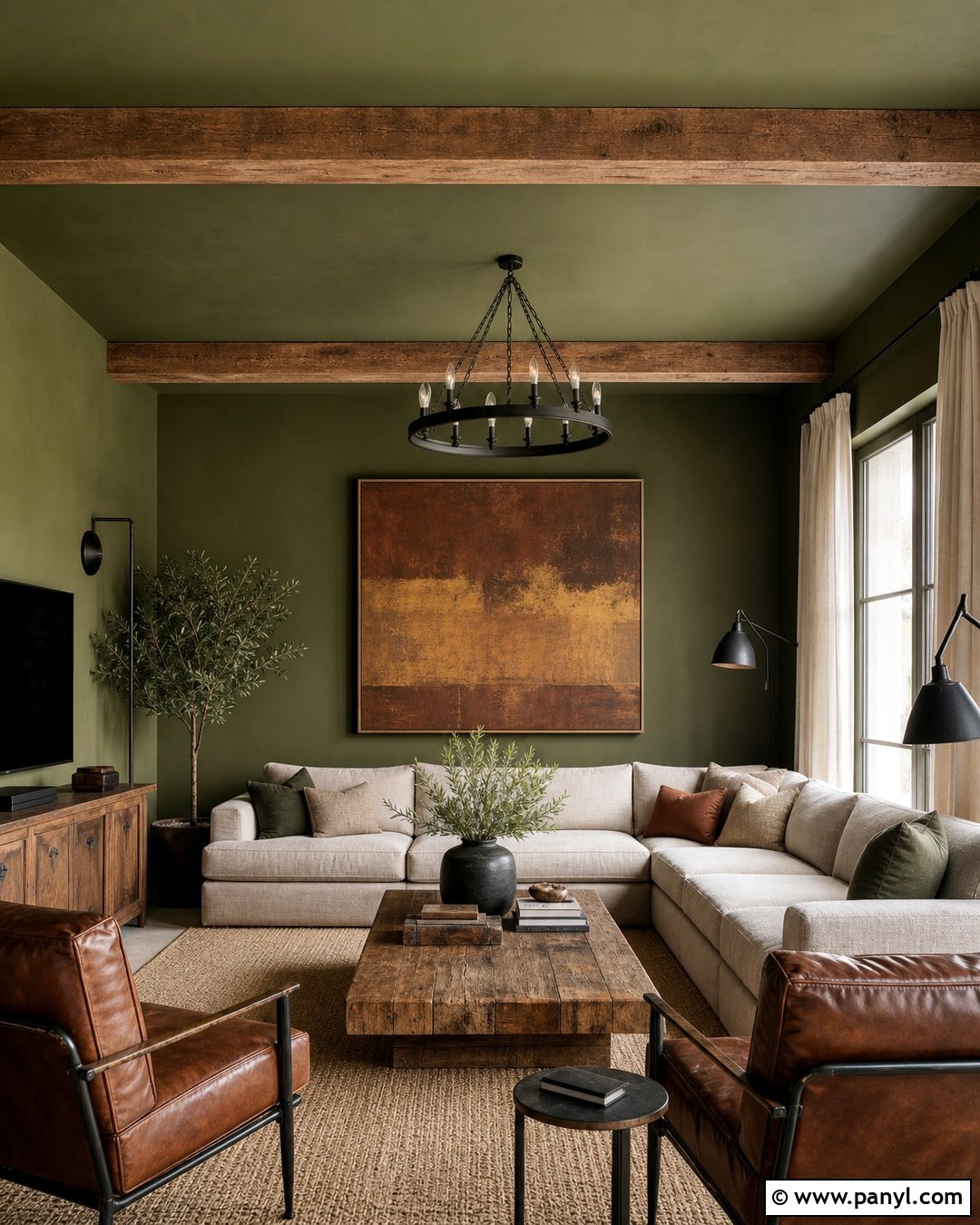 Green Walls And Ceiling With Wood Beams - 30 green walls and ceiling ideas