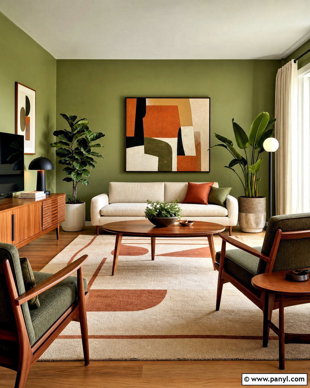 Green Walls Midcentury Living Room - 20 green walls living room ideas