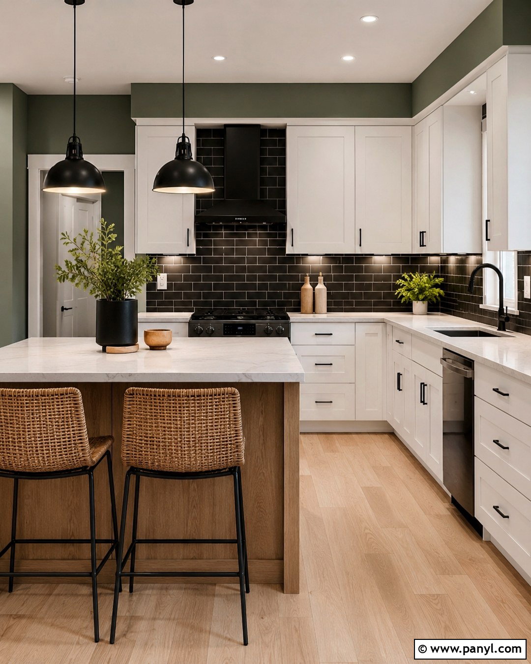 Green Walls With Black Backsplash And White Cabinets - 20 Black And White Kitchen With Green Walls