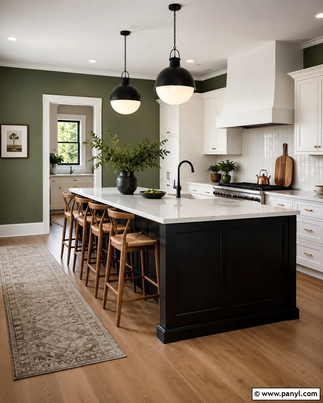 Green Walls With Black Island And White Cabinets - 20 Black And White Kitchen With Green Walls