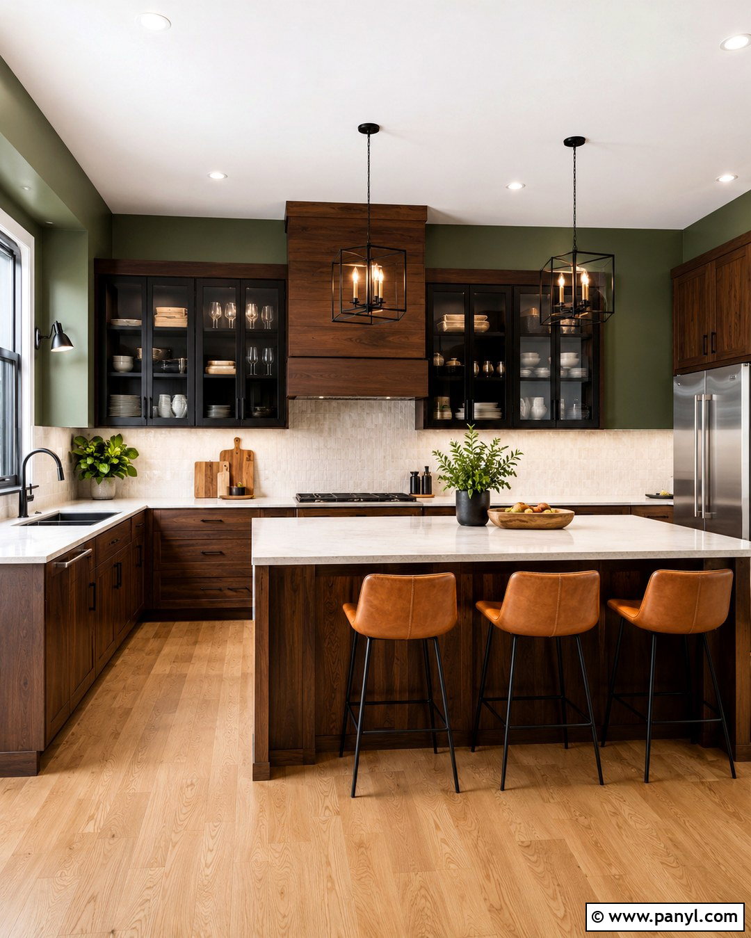 Green Walls With Brown Cabinets And Black Accents - 20 Green Wall Brown Cabinet Kitchen Ideas