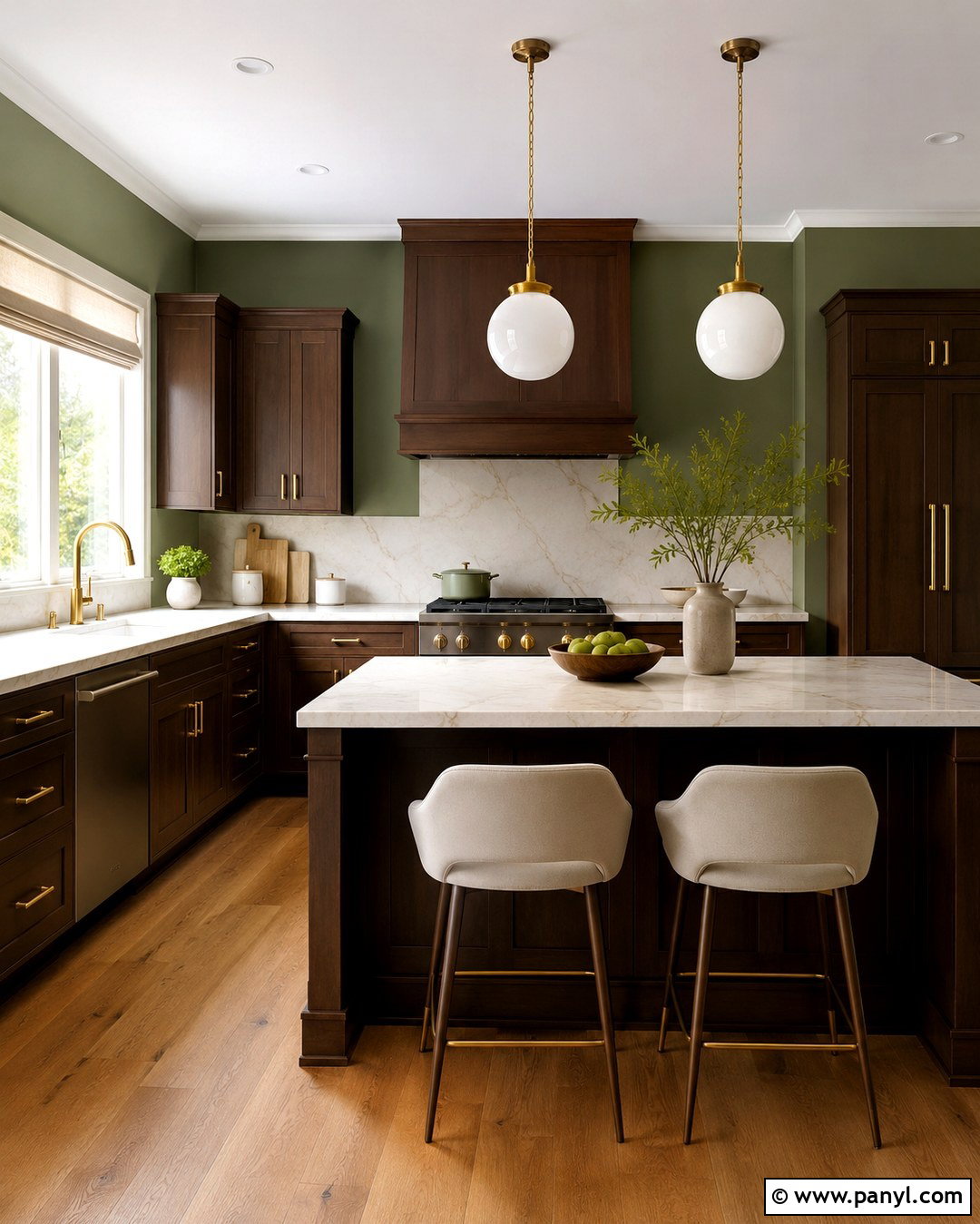 Green Walls With Brown Cabinets And Brass Accents - 20 Green Wall Brown Cabinet Kitchen Ideas