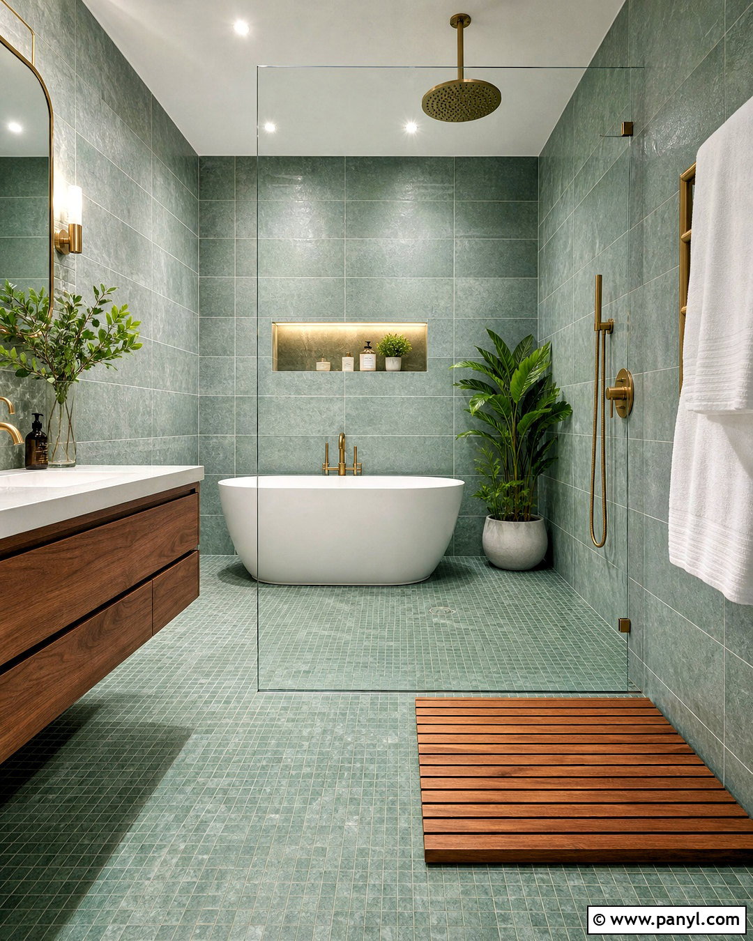 Green Wet Room With Freestanding Tub - 20 green bathroom inspo ideas