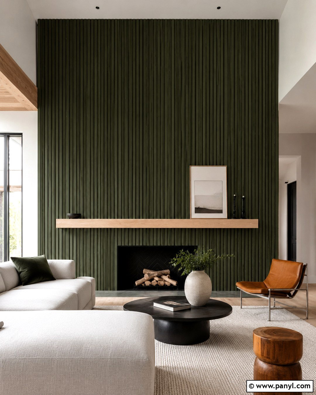 Green Wood Slat Fireplace Wall - 20 Green Wall Behind Fireplace Ideas