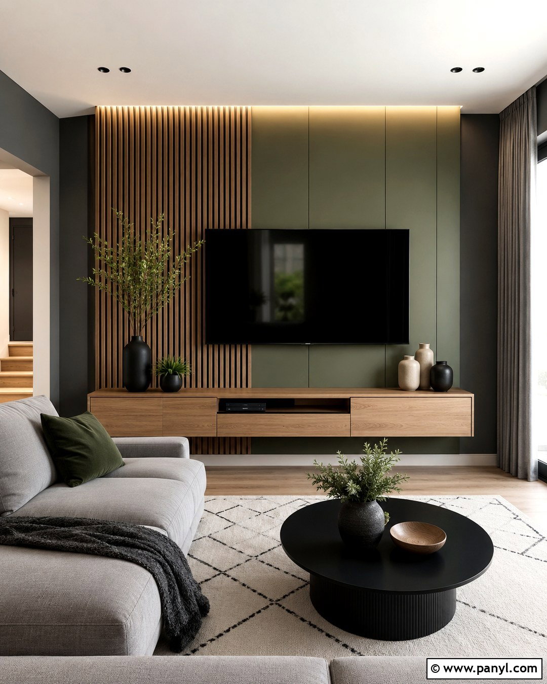 Green Wood Slat TV Wall - 20 Gray Walls With Green Accent Wall Ideas