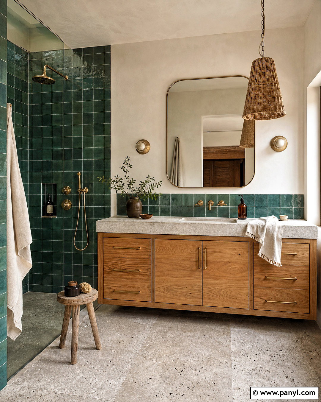 Green Zellige Tile With Grey Stone - 20 grey and green bathroom ideas