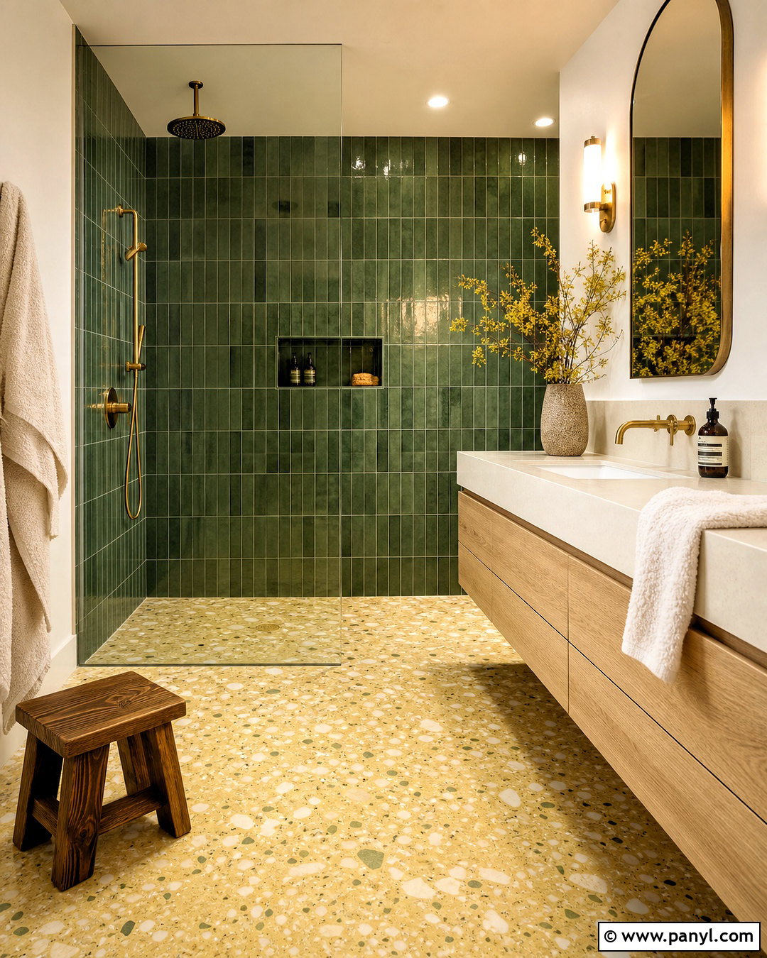 Green Zellige Tile With Yellow Terrazzo Floor - 20 green and yellow bathroom ideas
