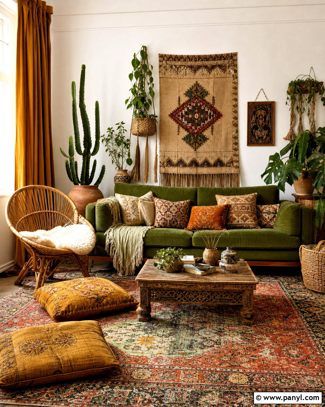 Green and Mustard Boho Living Room - 20 green and mustard living room ideas