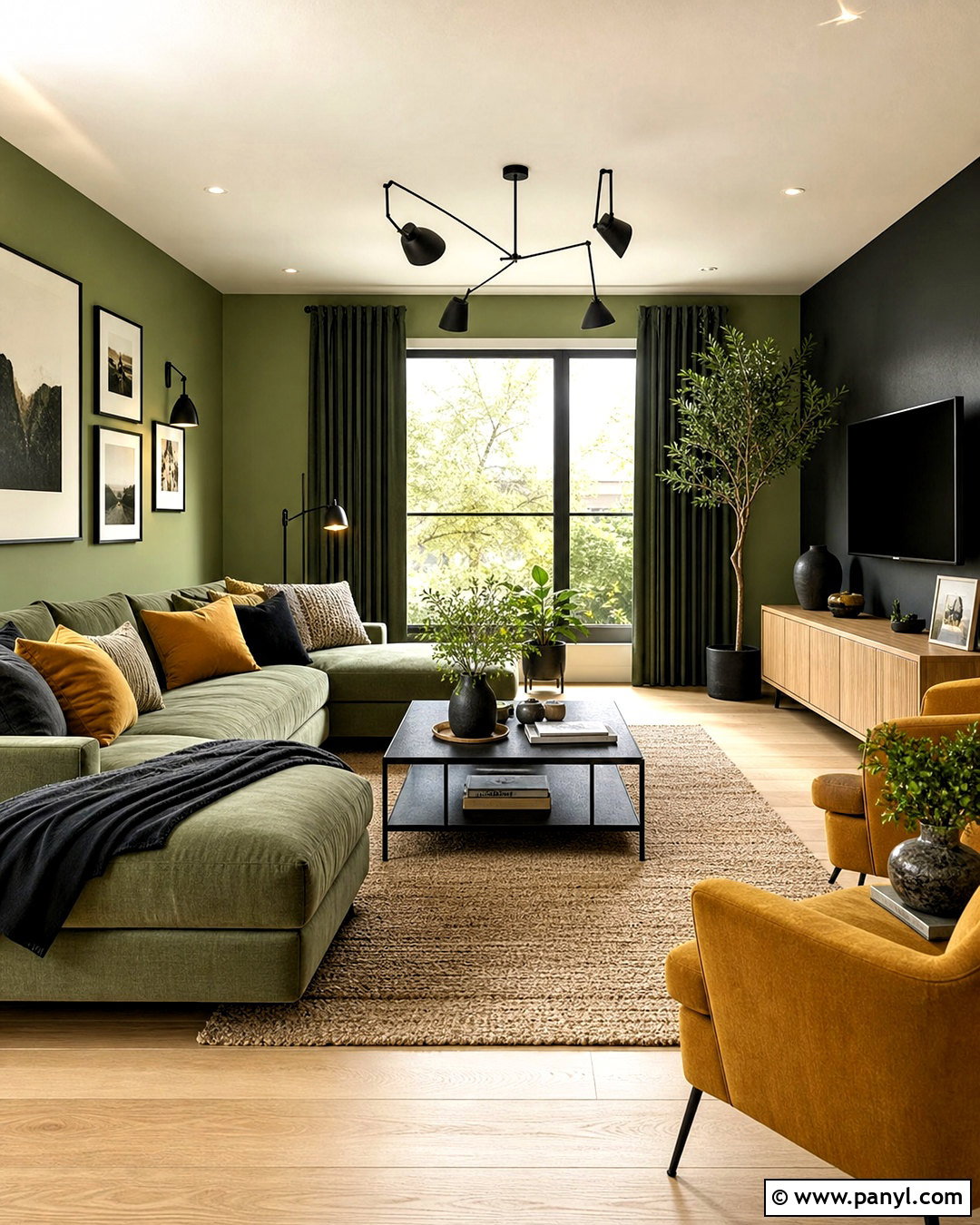 Green and Mustard Living Room With Black Accents - 20 green and mustard living room ideas