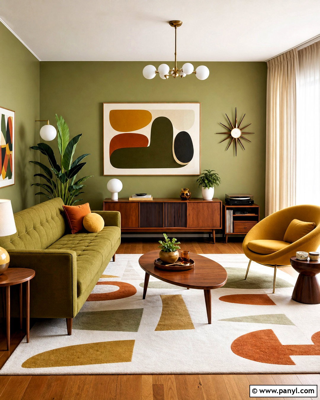 Green and Mustard Midcentury Living Room - 20 green and mustard living room ideas