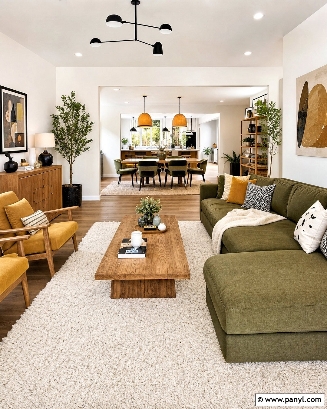 Green and Mustard Open Plan Living Room - 20 green and mustard living room ideas
