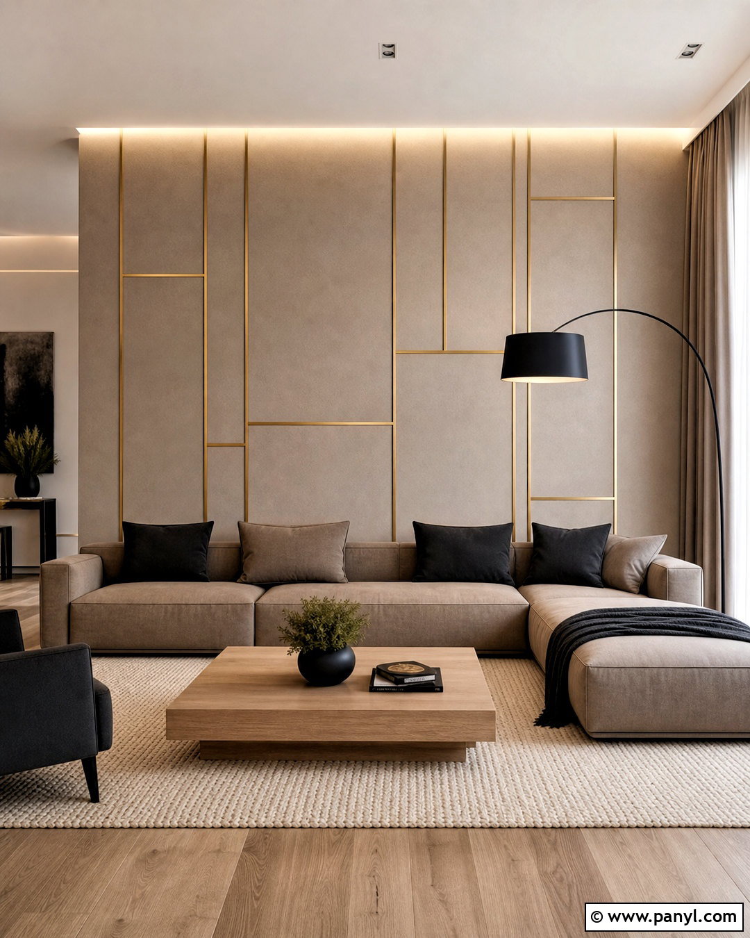 Greige Asymmetrical Golden Strip Wall - 20 golden strip wall design ideas