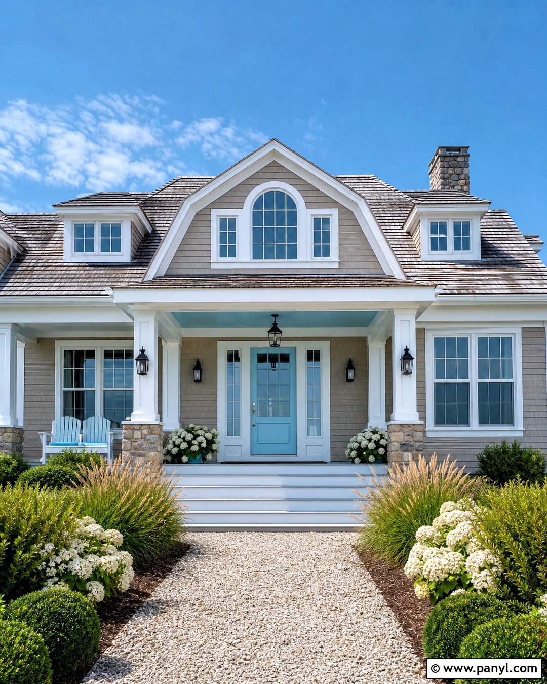 Greige Beach House Exterior With Powder Blue Door - 20 beach house exterior paint colors