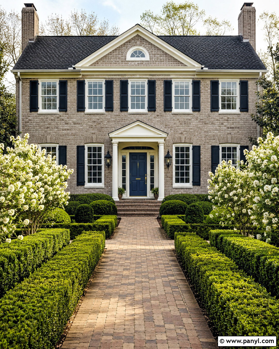 Greige Brick Stain Colonial House - 20 brick stain exterior before and after ideas