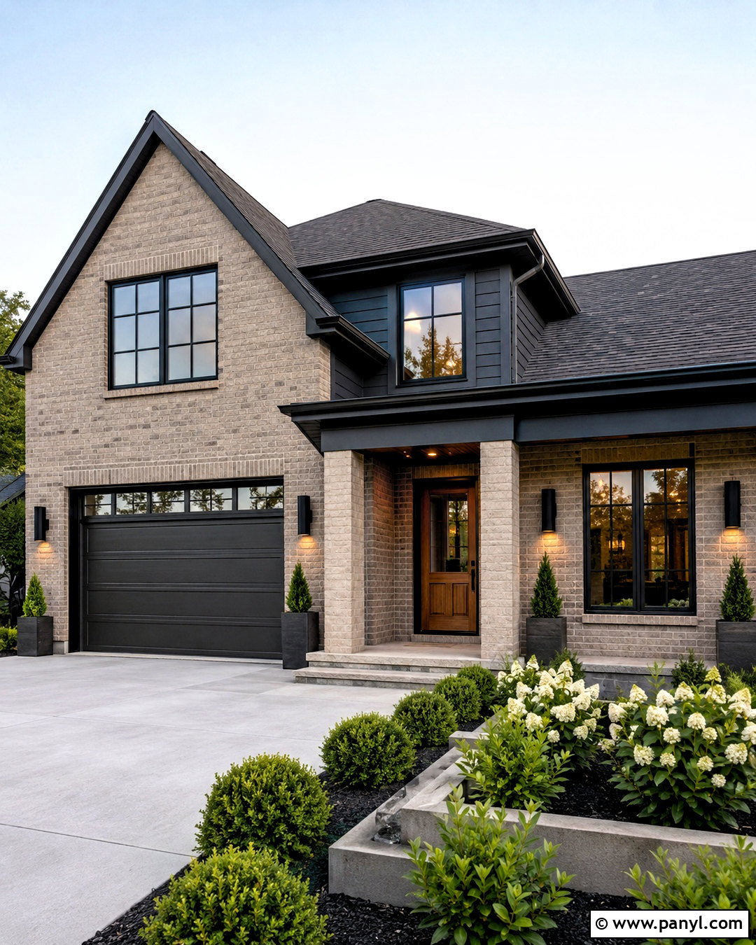 Greige Brick Stain With Charcoal Trim - 20 brick stain exterior before and after ideas