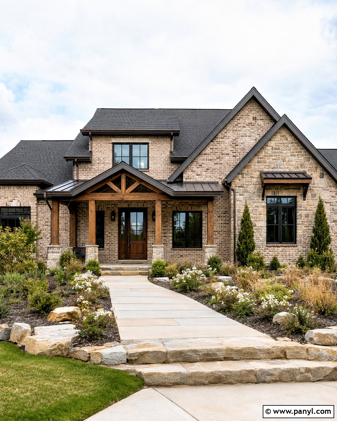 Greige Brick Stain With Natural Stone - 20 brick stain exterior before and after ideas