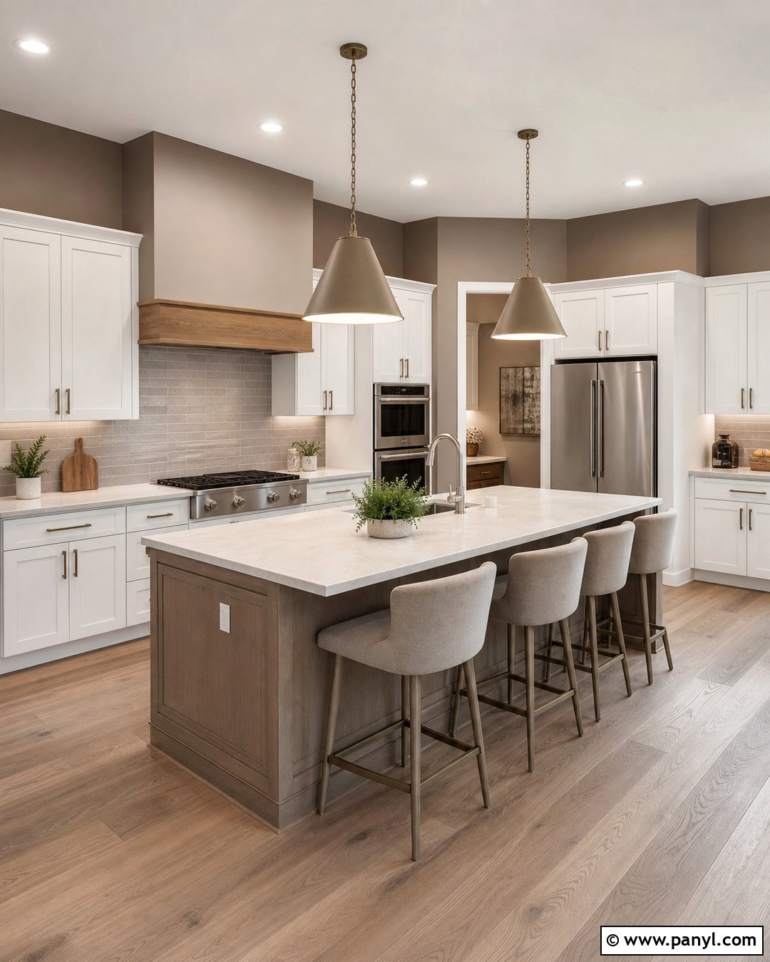 Greige Brown Kitchen Walls With White Oak Island - 20 Modern Kitchen With Brown Walls