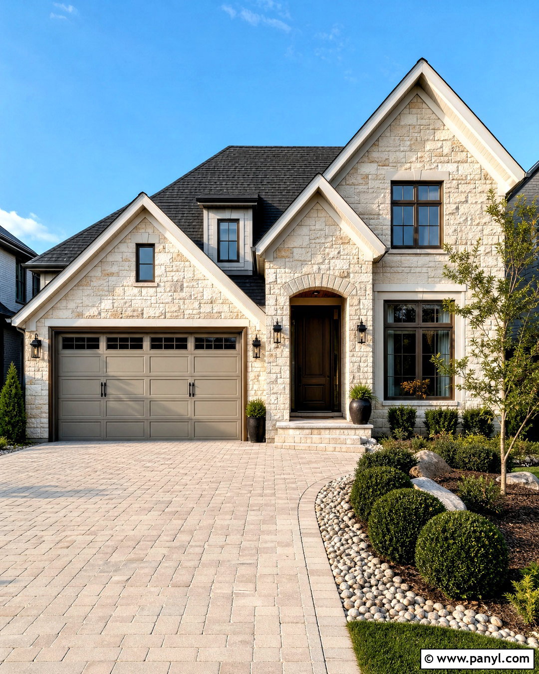 Greige Garage Door With Stone Siding - 20 garage door painting ideas