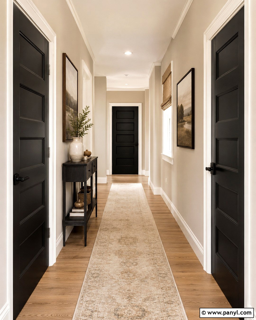 Greige Hallway With Black Doors - 20 Black Door Grey Walls