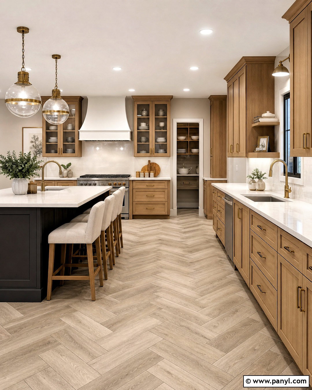 Greige Herringbone Flooring - 20 honey oak cabinets flooring ideas