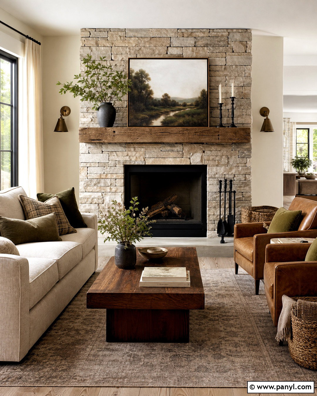Greige Living Room Walls With a Stone Fireplace - 20 greige living room walls