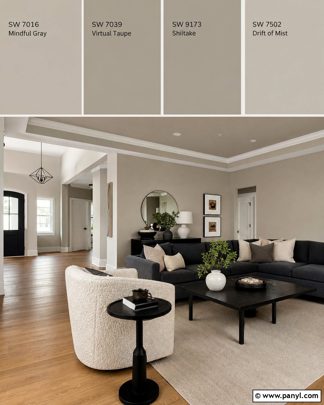 Greige Paint Samples Near Wood Flooring - 25 Paint Samples On Wall Ideas