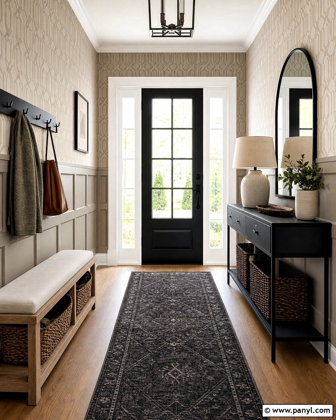 Greige Paneling With Geometric Wallpaper - 20 half wallpaper half paneling ideas
