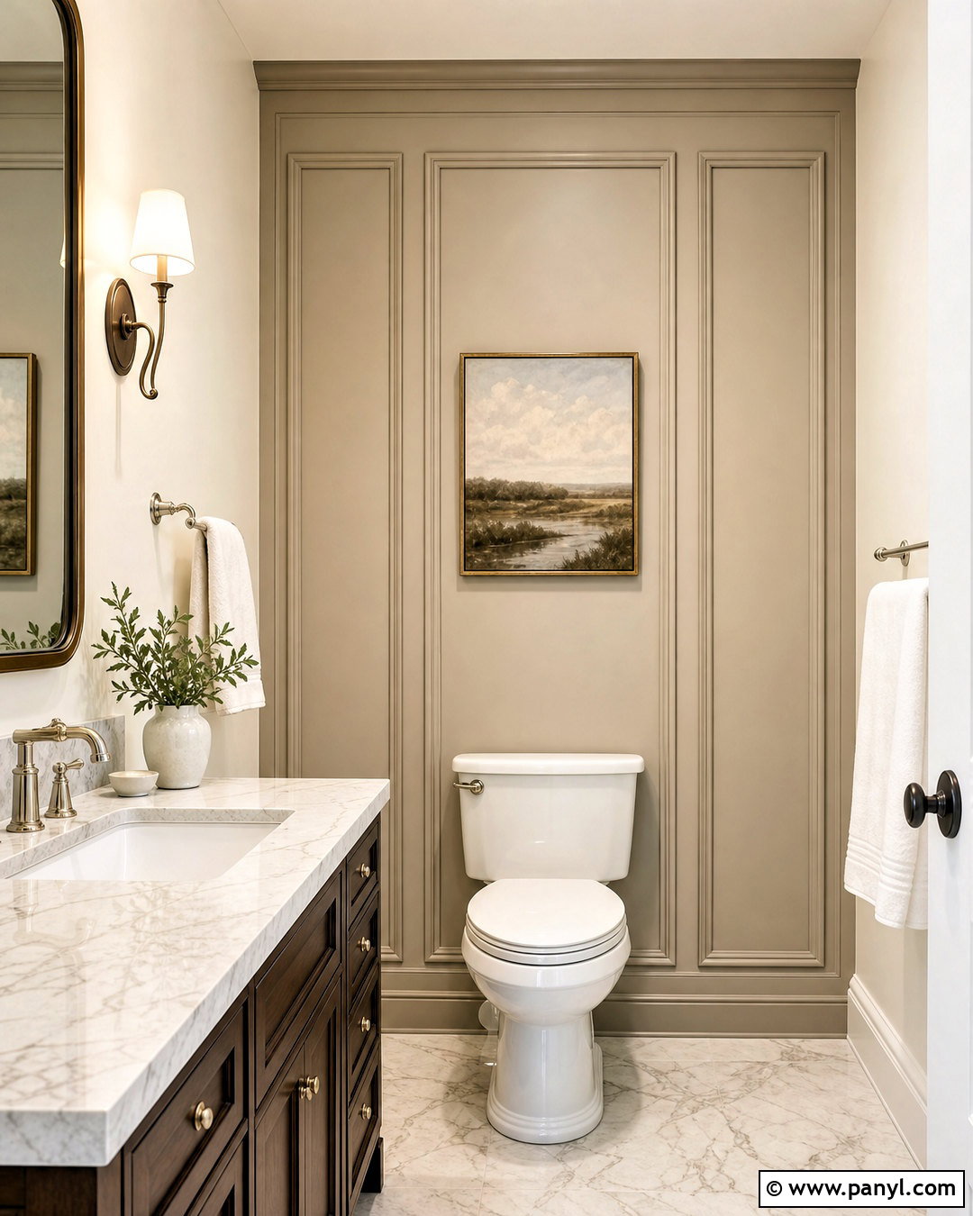Greige Picture Frame Molding Behind Toilet Accent Wall - 20 behind toilet accent wall ideas