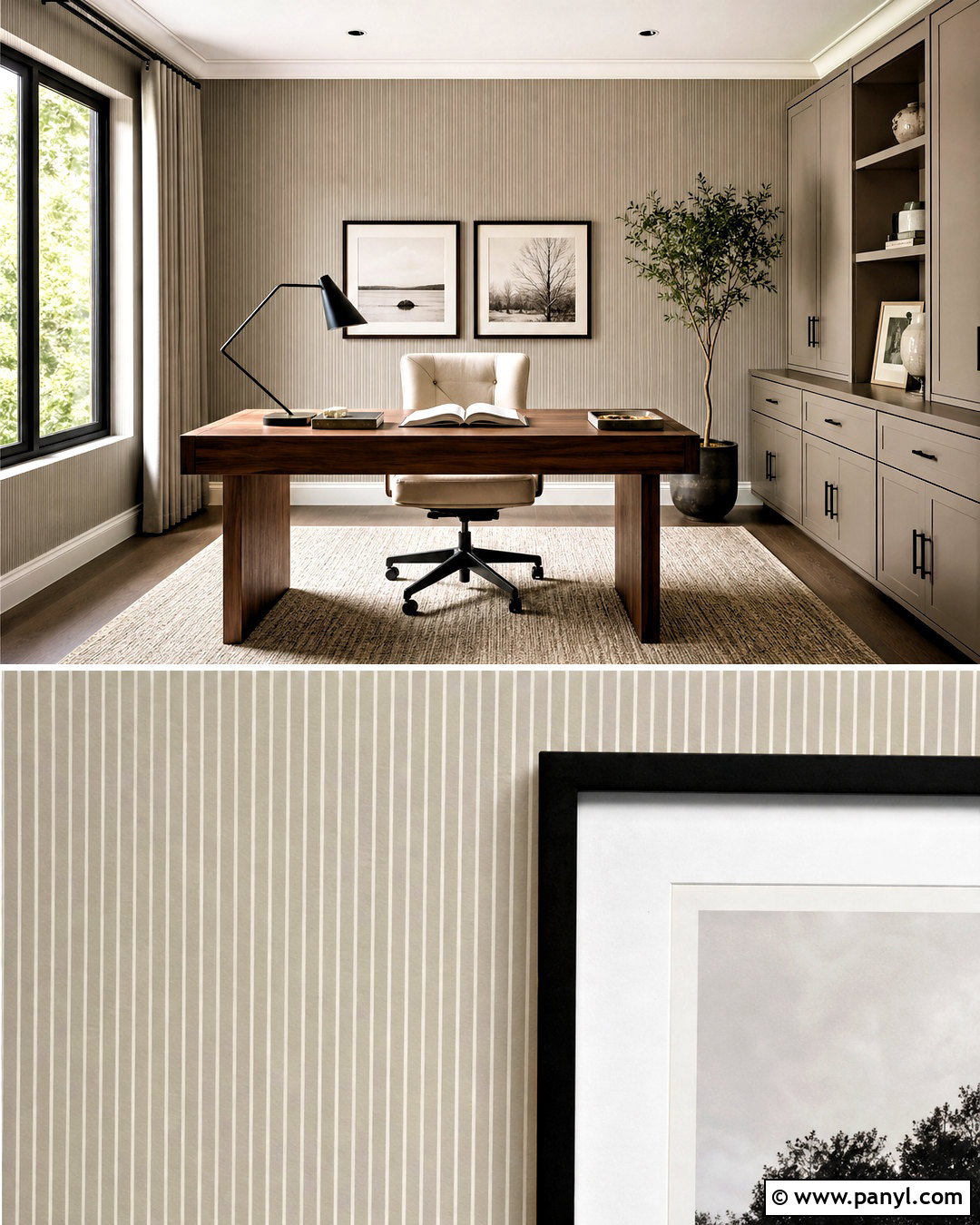 Greige Pinstripe Home Office - 20 striped walls vertical ideas