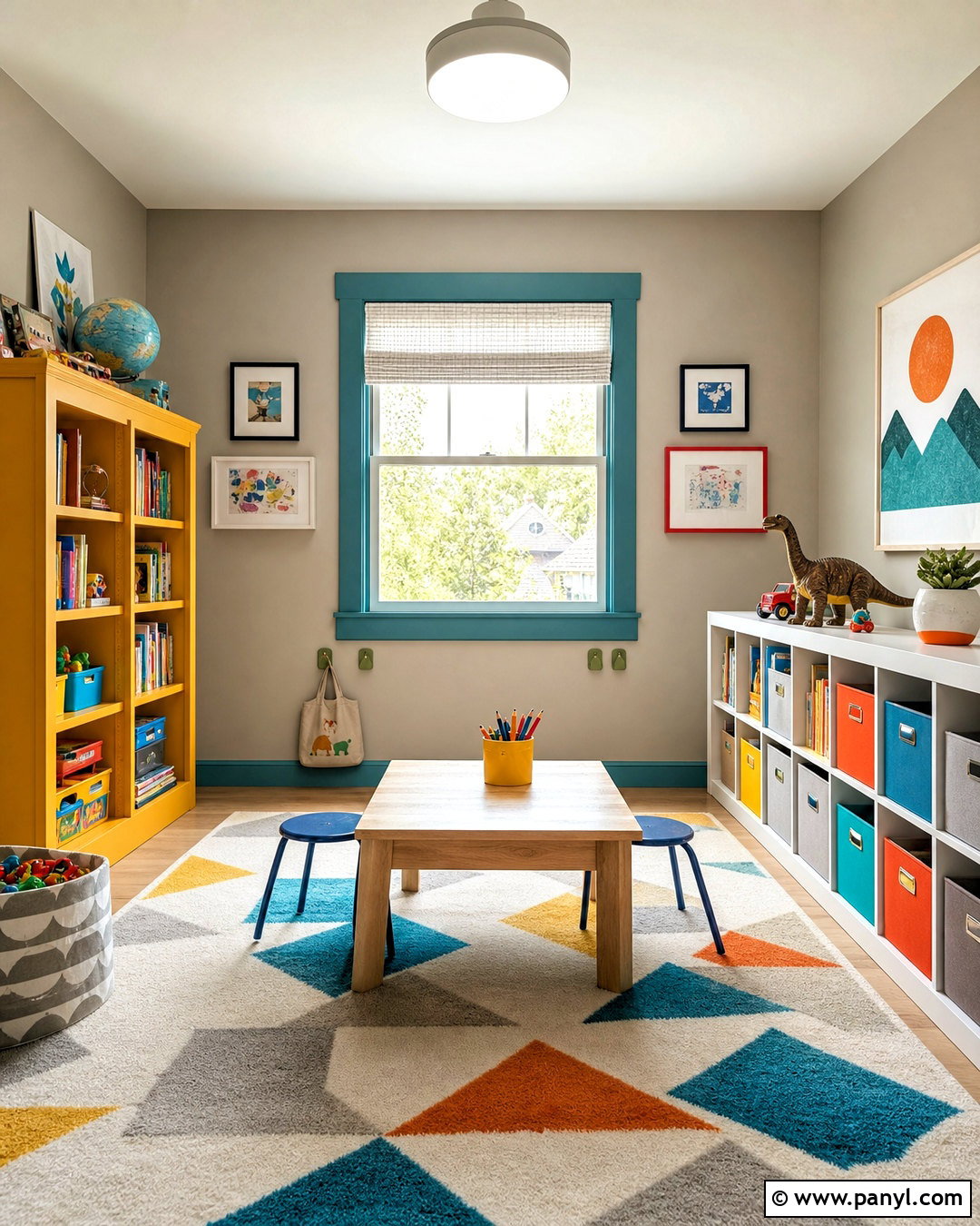 Greige Playroom With Colorful Trim - 20 kids playroom paint ideas