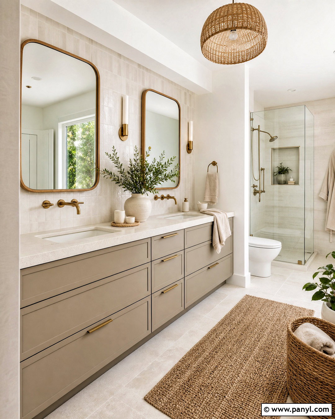 Greige Vanity With Natural Textures - 20 gray vanity bathroom ideas