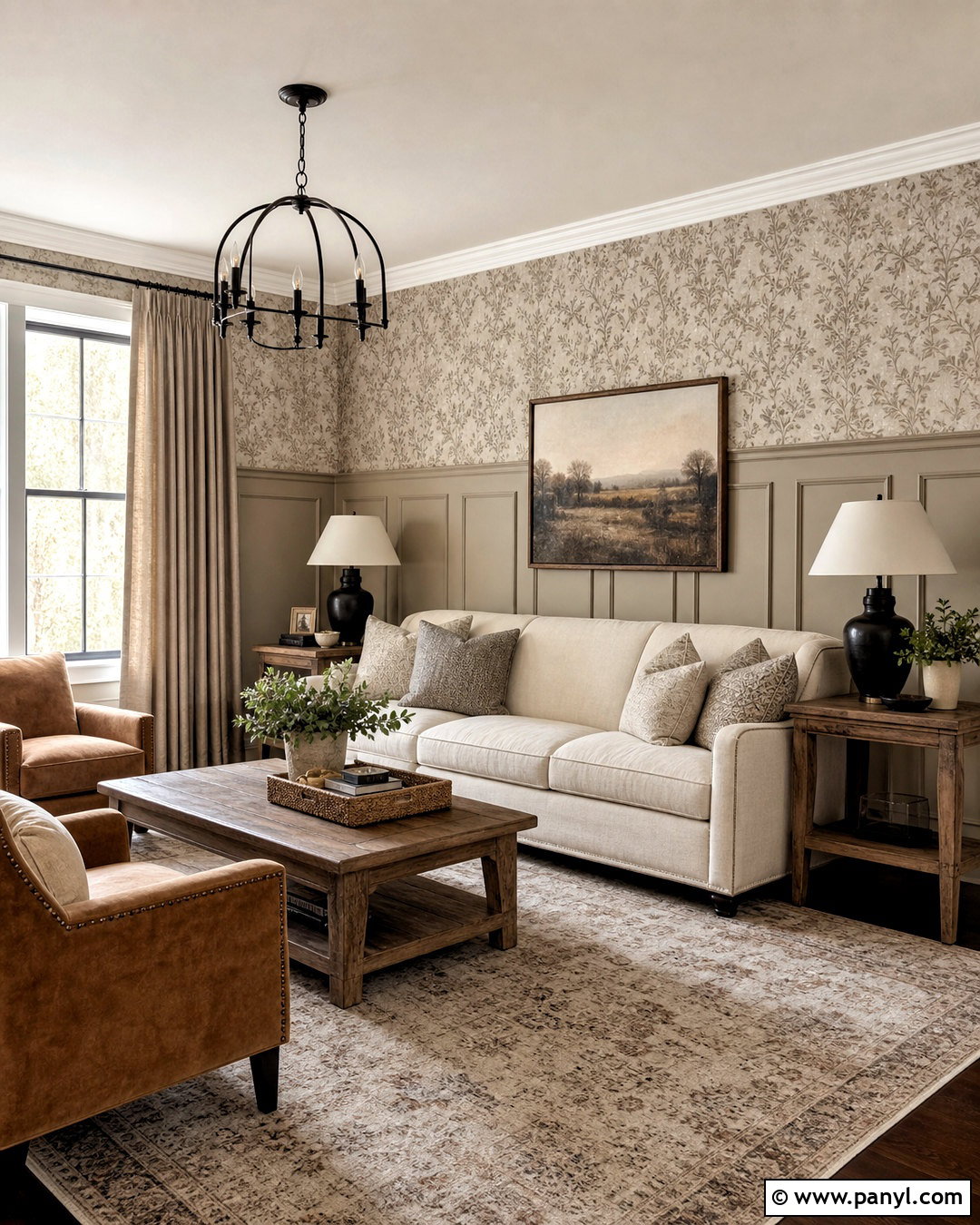 Greige Wainscoting With Neutral Floral Wallpaper - 20 wainscoting with wallpaper ideas