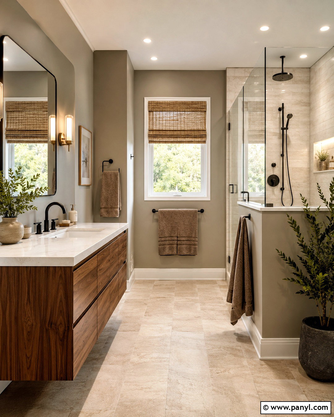 Greige Walls With A Wood Bathroom Vanity - 40 greige walls