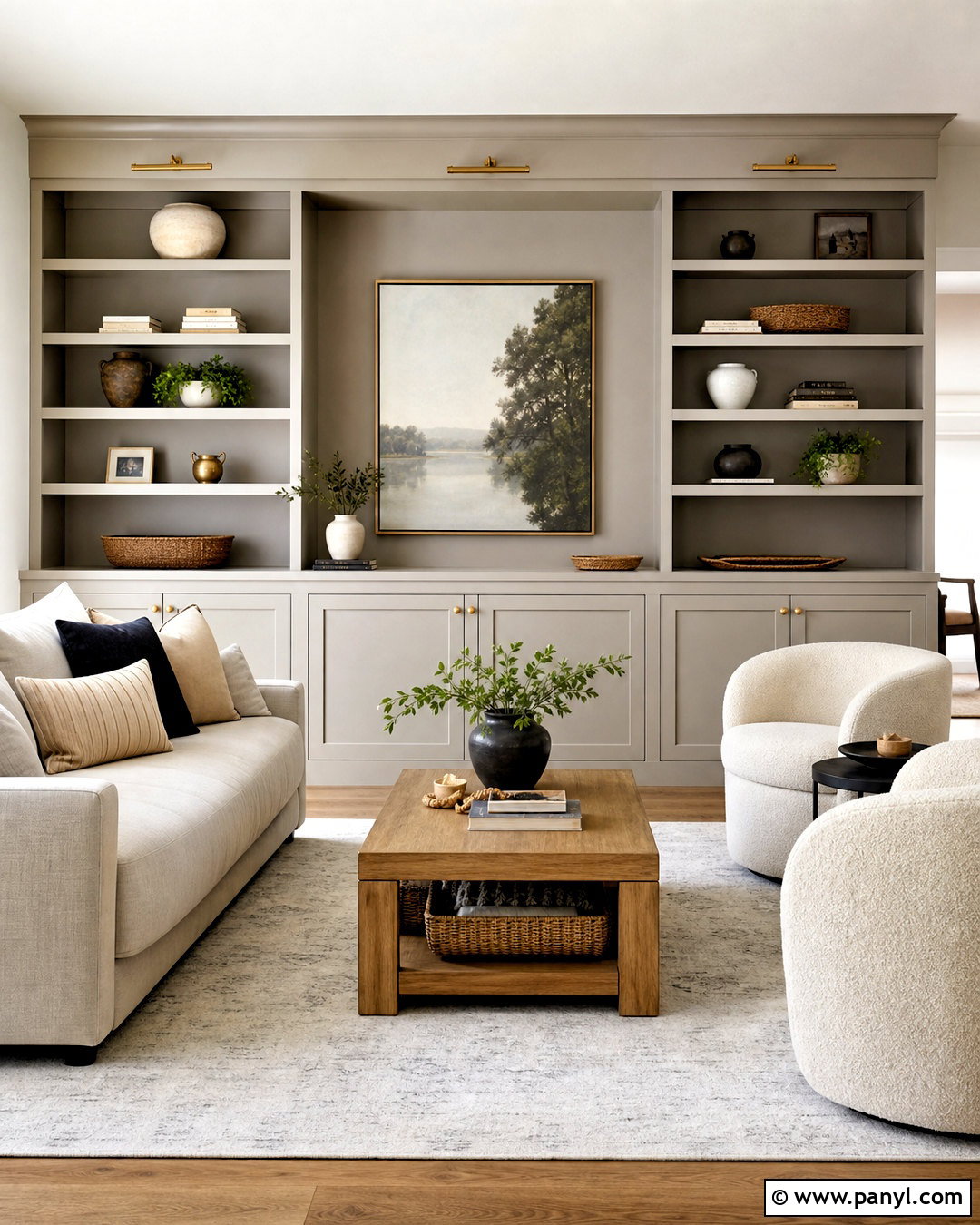 Greige Walls With Built-In Shelves - 20 greige walls living room ideas