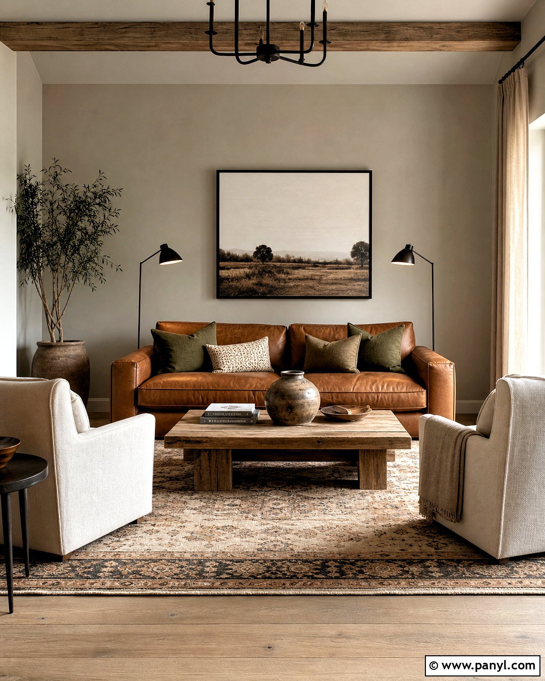 Greige Walls With a Brown Leather Sofa - 20 greige walls living room ideas