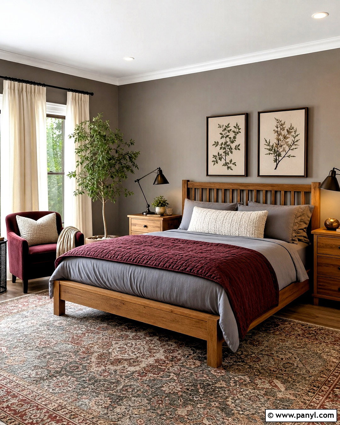 Grey And Burgundy Bedroom With Natural Wood - 20 grey and burgundy bedroom ideas