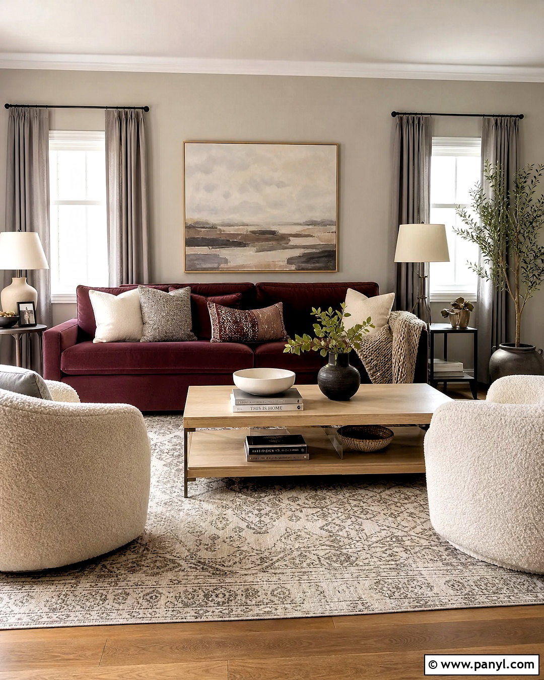 Grey And Burgundy Living Room With Cream Accents - 20 grey and burgundy living room ideas