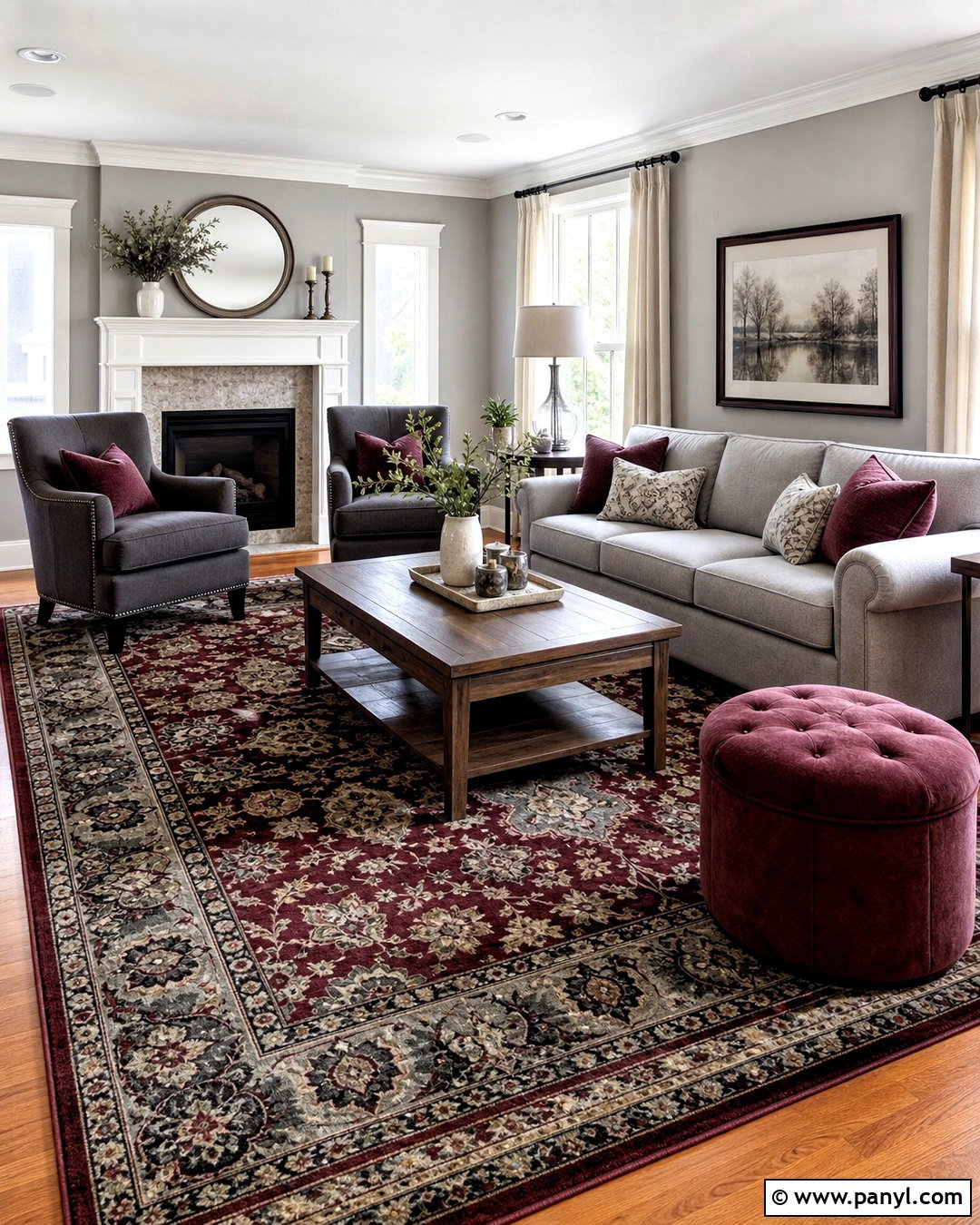 Grey And Burgundy Living Room With Patterned Rug - 20 grey and burgundy living room ideas