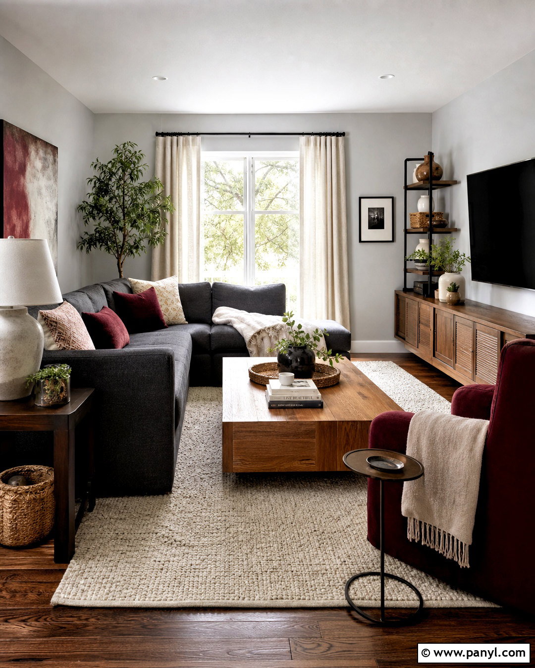 Grey And Burgundy Living Room With Wood Tones - 20 grey and burgundy living room ideas