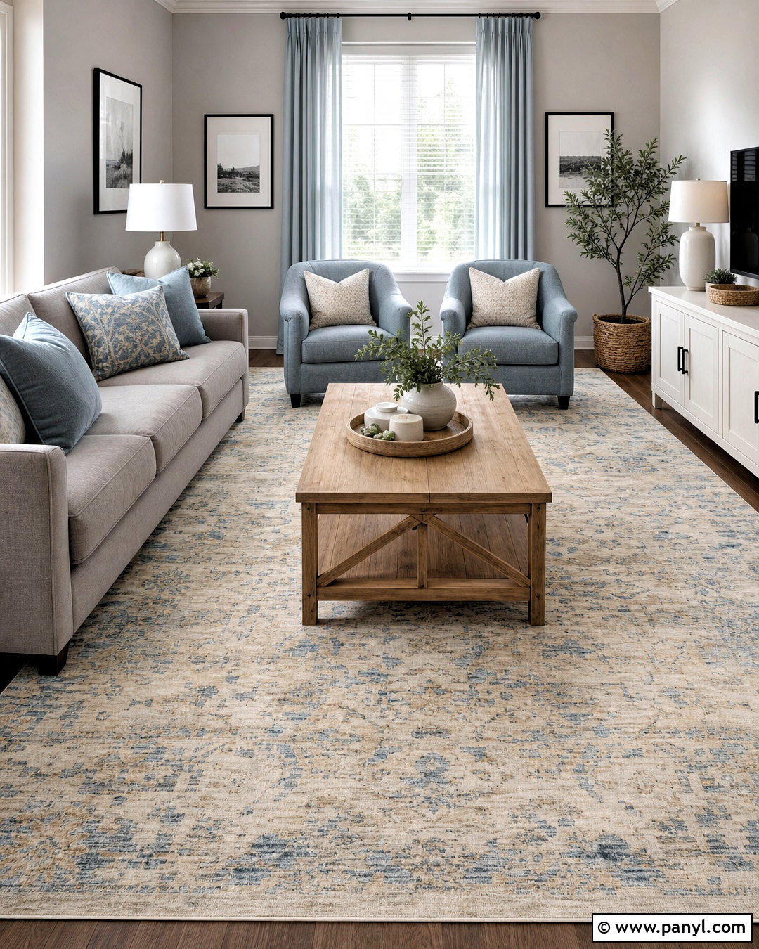 Grey And Light Blue Living Room With A Patterned Rug - 20 grey and light blue living room ideas