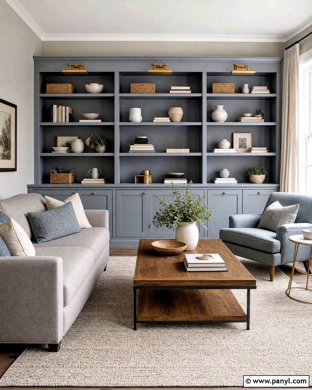 Grey And Light Blue Living Room With Built-In Shelves - 20 grey and light blue living room ideas