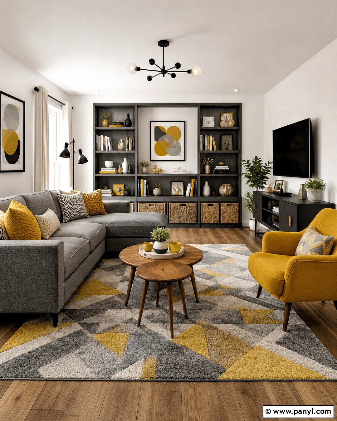 Grey And Mustard Yellow Family Room - 20 colors that go with grey ideas