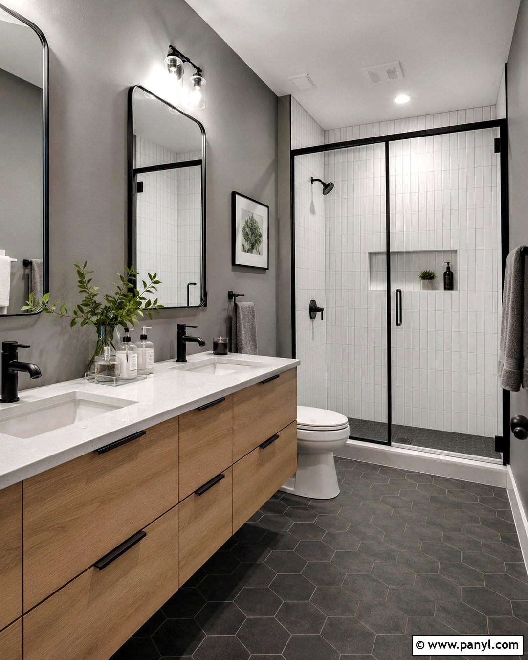 Grey Bathroom With Black Fixtures - 20 Bathrooms With Grey Walls