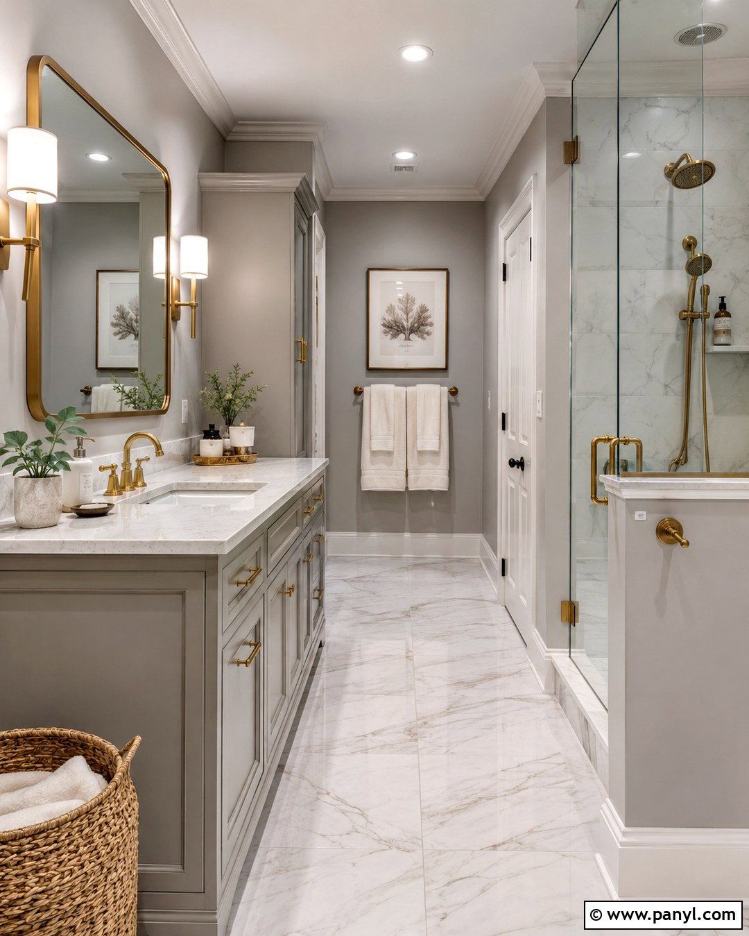 Grey Bathroom With Brass Accents - 20 Bathrooms With Grey Walls