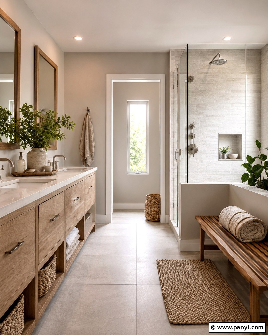 Grey Bathroom With Natural Wood - 20 Bathrooms With Grey Walls